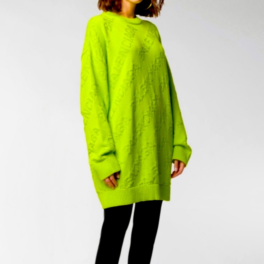 BALENCIAGA Oversized Neon Tonal Logo Jacquard Crewneck Sweater Jumper Sz Medium